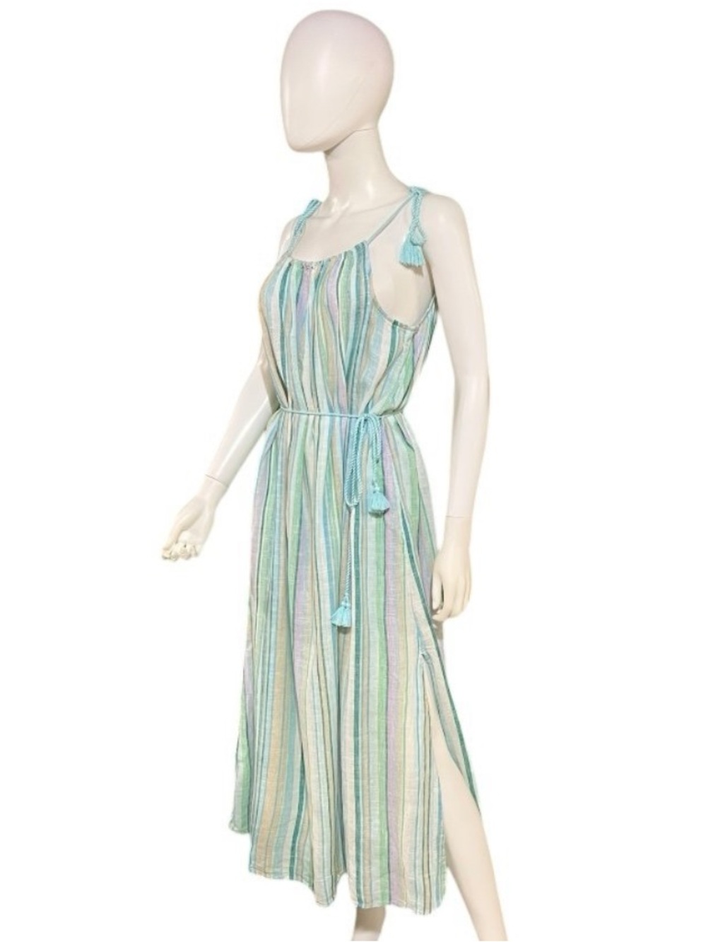Striped Mint & White Tie-Shoulder Maxi Dress size L - Picture 12 of 13